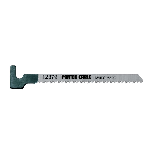 A PORTER-CABLE branded metal jigsaw blade with sharp teeth. The blade has model number 12379 and is labeled 'SWISS MADE.'