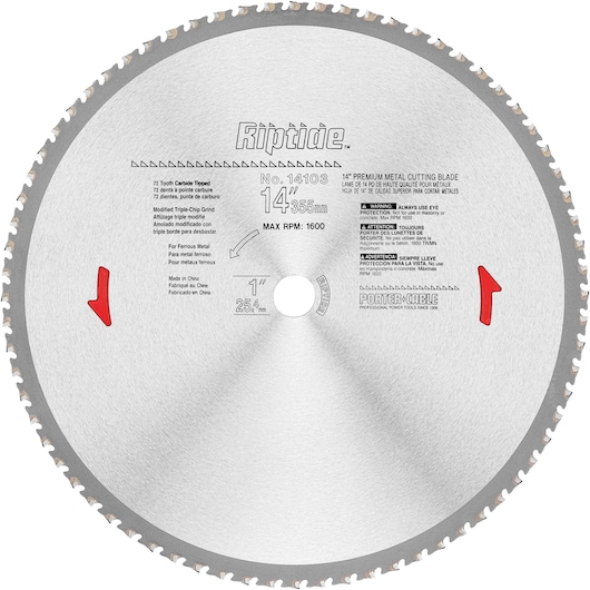 A PORTER-CABLE Riptide 14-inch premium metal cutting blade with carbide-tipped teeth and modified triple-chip grind, designed for ferrous metal. The blade features printed specifications, safety warnings, and red directional arrows on its surface.