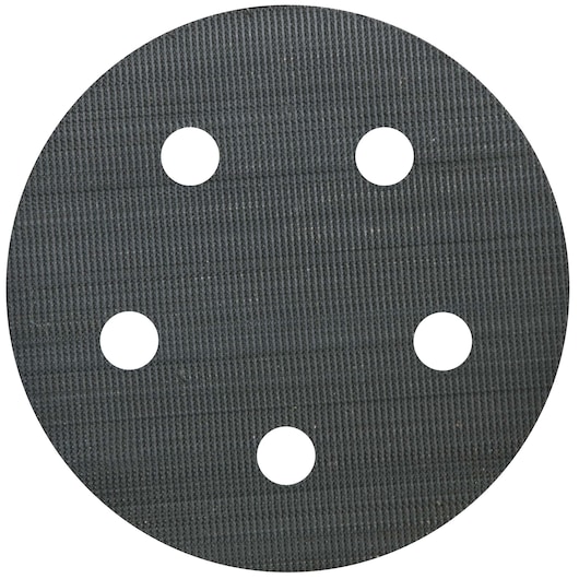 A circular black sanding disc with five evenly spaced holes, viewed from above.
