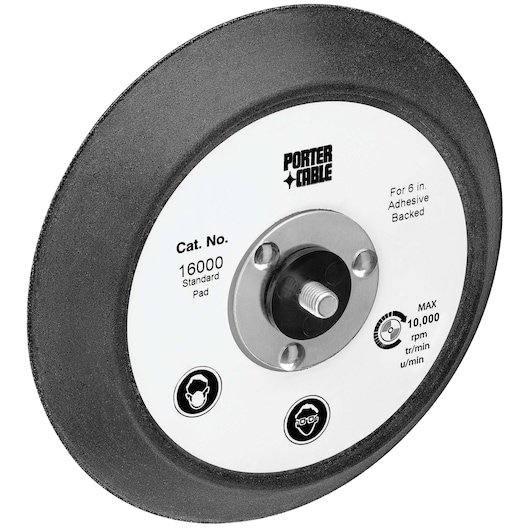 A PORTER-CABLE branded standard pad, model number 16000, designed for 6 inch adhesive-backed discs. The pad has a round shape and features a central metal mounting hub. Safety icons and information, including a maximum speed of 10,000 rpm, are printed on the pad's surface.
