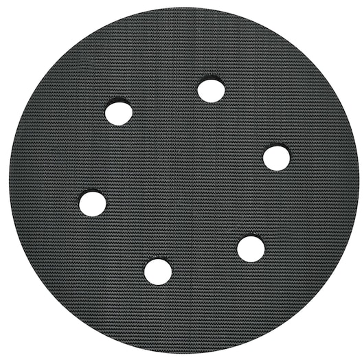 A round black sanding pad with six evenly spaced holes, shown against a white background.
