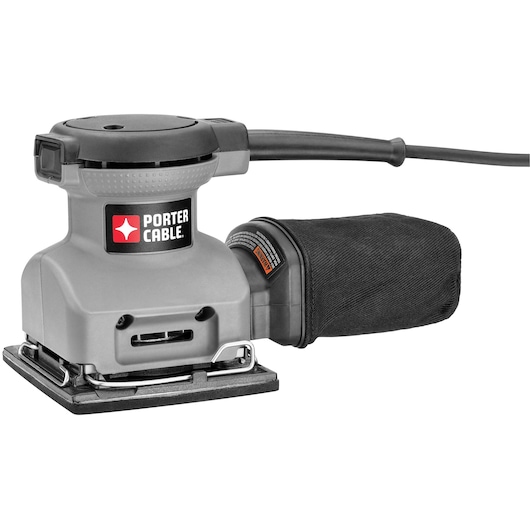 A PORTER-CABLE electric sander with a square sanding pad and attached dust bag, shown on a white background.