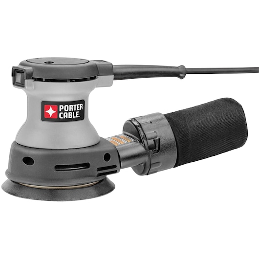 A PORTER-CABLE branded electric random orbit sander with a dust collection bag, shown on a white background.