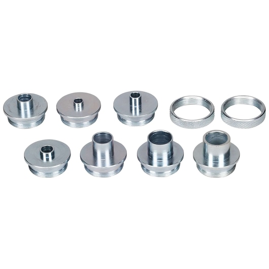 A set of eight metal threading adapters of various sizes and shapes arranged in two rows. The adapters are shiny and metallic, likely used for photography or equipment attachment.