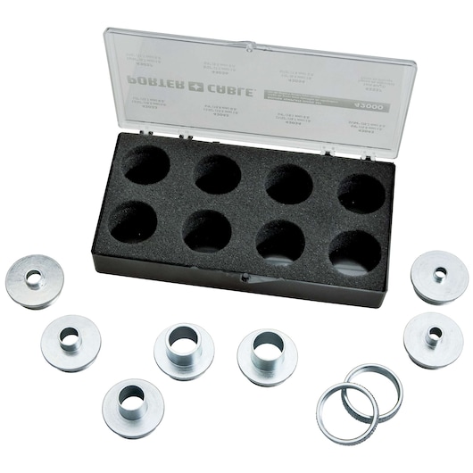 A PORTER-CABLE router guide bushing kit, SKU 42000, is shown with a plastic storage case containing foam slots for metal bushings and rings, with several metal bushing components arranged around the case.