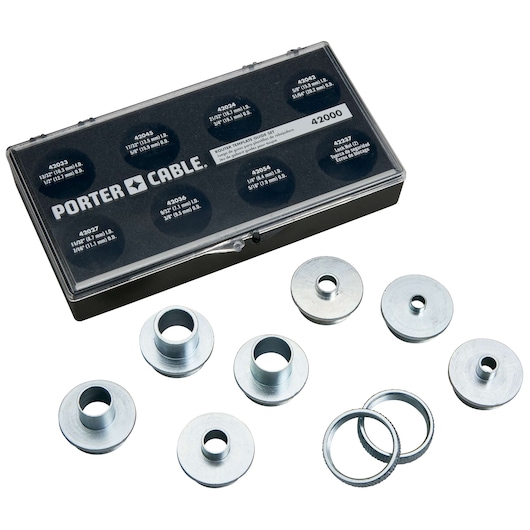PORTER-CABLE router template guide kit, SKU 42000, featuring a black plastic storage case with labeled slots for various metal guide inserts and rings, shown with the metal inserts arranged in front of the case.