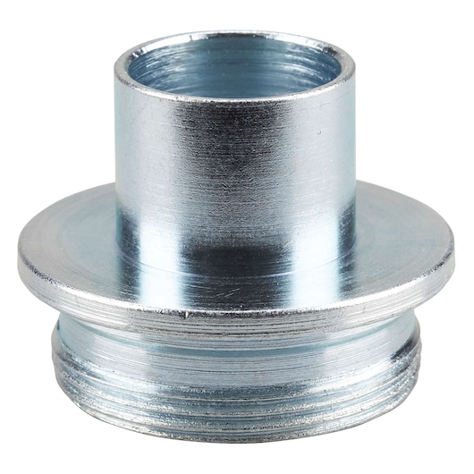A close-up image of a metallic adapter part with a cylindrical shape, a threaded base, and a flat flange, photographed against a white background.