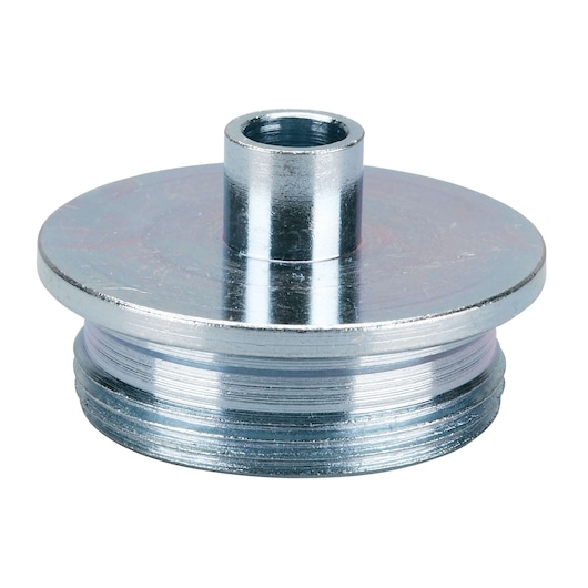 A close-up image of a metallic adapter with a threaded base and a cylindrical top, made of shiny silver metal. The object is photographed against a white background.