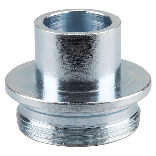 A close-up image of a metallic adapter or fitting, cylindrical in shape with threading at the base and a hollow center. The surface is shiny and silver in color.