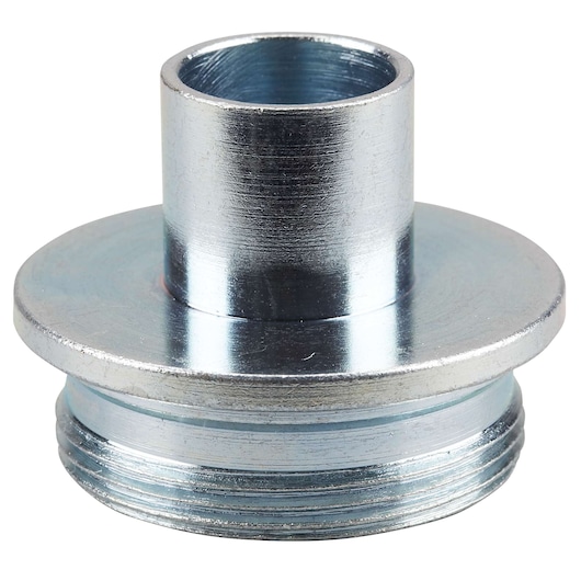 A close-up of a metal adapter piece with threads and a cylindrical opening, photographed against a white background.