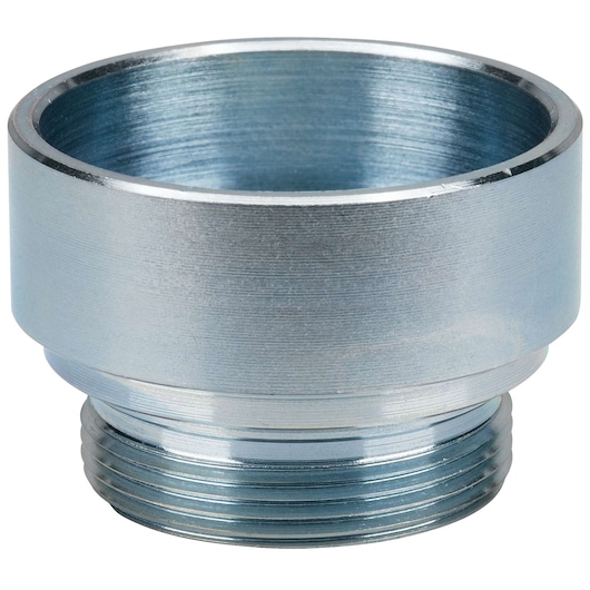A close-up image of a metallic threaded adapter. The adapter has a cylindrical shape with threading on the bottom portion and a wider, smooth top opening.