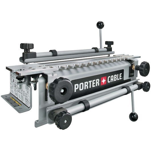 A PORTER-CABLE model 4210 woodworking tool designed for creating dovetail joints, featuring adjustment knobs, metal parts, and a branded label on the front.