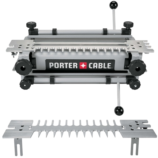 PORTER-CABLE 4212 dovetail jig for woodworking, featuring adjustable clamps and metal guide for cutting precise dovetail joints. The product includes the main jig and a removable metal template for joint layout.
