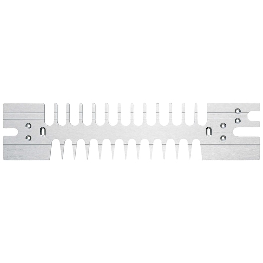 A metal dovetail jig template from PORTER-CABLE, used in woodworking to create dovetail joints, with evenly spaced slots and pins along its length.