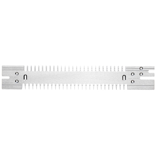A metal photography accessory with notched edges and rectangular ends, designed for precise alignment and spacing in wood joinery or similar tasks.