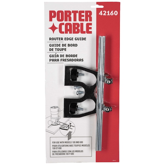 PORTER-CABLE router edge guide model 42160, packaged for retail. The product includes metal parts and hardware, and is intended for use with router models 100 and 690. The packaging displays instructions and information in English, French, and Spanish.