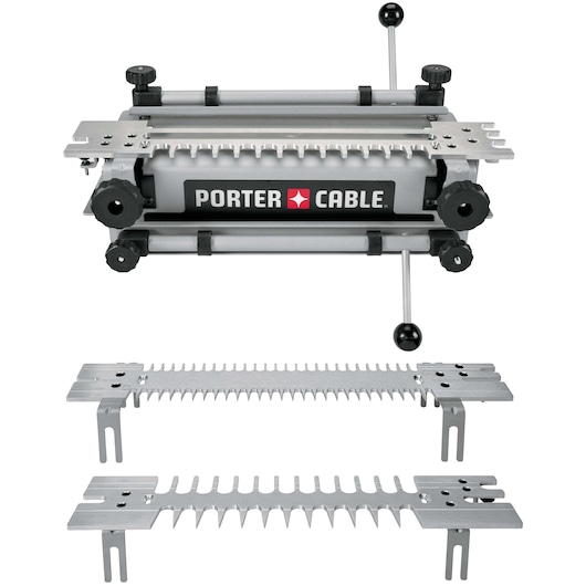 A PORTER-CABLE dovetail jig kit including the main jig unit and two metal template guides, used for woodworking joinery.