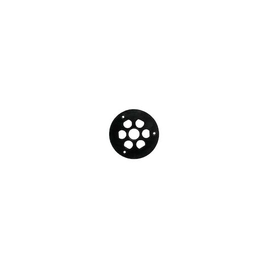 A black circular tool accessory with multiple holes, isolated on a white background.