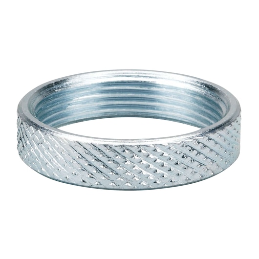 A close-up image of a metallic knurled ring with internal threading, typically used as a part in photography equipment or tools.