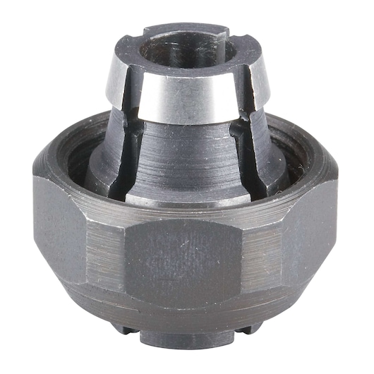 A close-up image of a PORTER-CABLE metal collet nut, used for securing router bits in woodworking or machining applications.