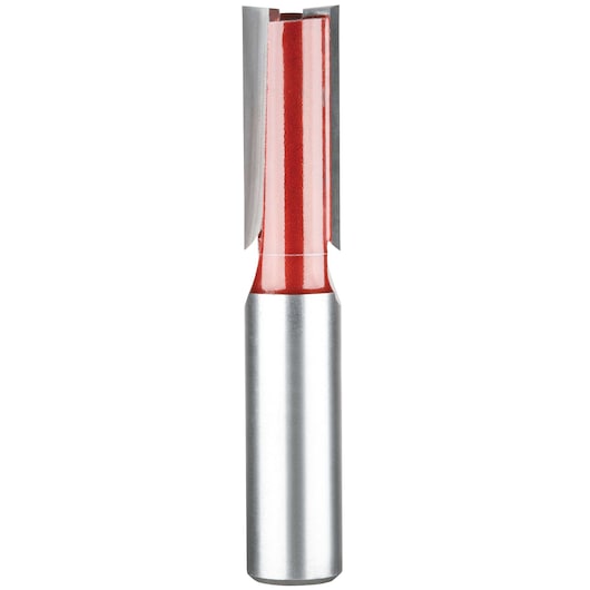 A close-up image of a straight router bit with a red-painted shaft and silver cutting edges, used for woodworking and shaping materials.
