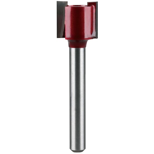 A close-up image of a straight carbide-tipped router bit with a red body and a silver shank, typically used for woodworking applications.