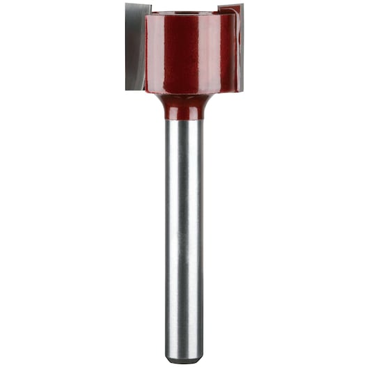 A close-up image of a PORTER-CABLE Forstner bit with a metal shaft and red coated cutting head, used for woodworking to drill precise flat-bottom holes.