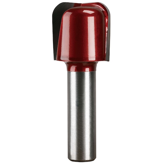 A close-up view of a PORTER-CABLE router bit with a red coated cutting head and a silver metal shank, used for woodworking.