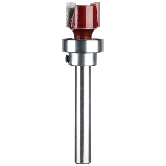 A close-up image of a PORTER-CABLE woodworking router bit with a red cutting head and a silver shaft, shown against a white background.