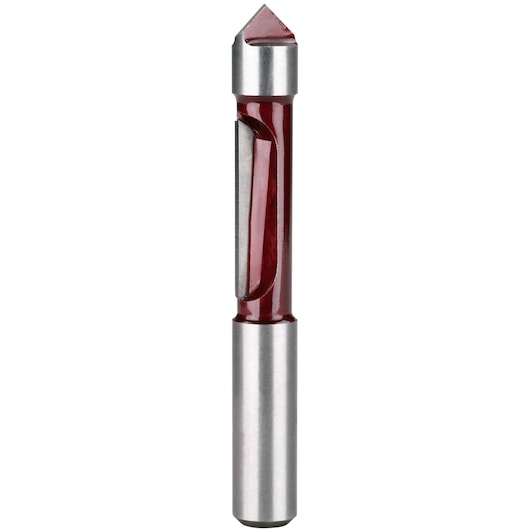 A close-up image of a single, metallic router bit with a red body and a pointed cutting tip, shown vertically against a white background.