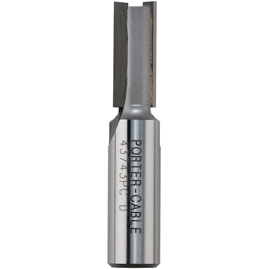 A PORTER-CABLE straight router bit, model 43743PC, made of metal with cutting edges. It is used for woodworking and fits in a router tool.