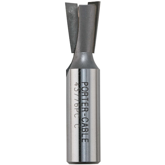 A metal straight router bit with two cutting edges, marked with the PORTER-CABLE brand and model number 43776PC. The tool is used for woodworking and is shown against a white background.