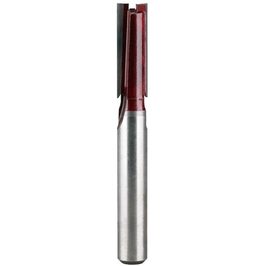 A close-up image of a straight router bit with a metallic shaft and red coated cutting blades, displayed vertically against a white background.