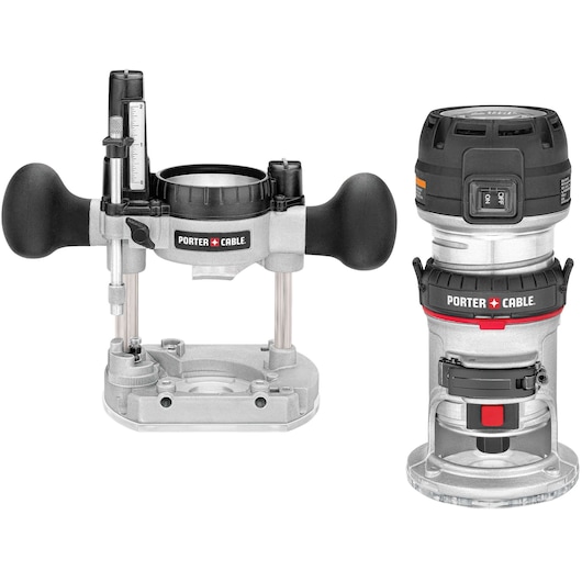 PORTER-CABLE router kit including a plunge base and a fixed base router. The plunge base features two ergonomic handles and precision adjustment controls, while the fixed base router has a compact cylindrical design with a visible power switch. Both tools are silver and black with red accents and PORTER-CABLE branding.