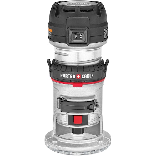 A PORTER-CABLE 450 compact router tool with a black, silver, and red design. The tool features a visible on/off switch on the top and a clear base for precision work, suitable for woodworking and detailed routing tasks.