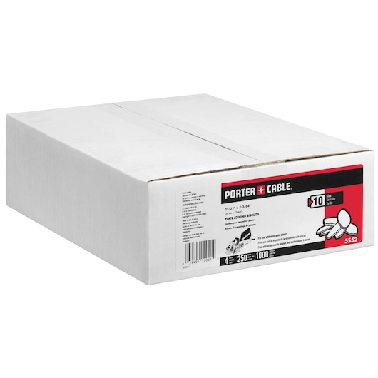 A white box of PORTER-CABLE plate joining biscuits, SKU 5552. The box features product branding, a barcode, and an illustration of oval-shaped biscuits used for woodworking joints. The label indicates size #10 and a quantity of 1000 pieces.