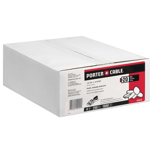 A white rectangular box of PORTER-CABLE plate joining biscuits, size 20, SKU 5553. The packaging displays product details and a graphic of the biscuits, indicating contents for woodworking and joinery applications.