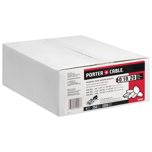 A white box of PORTER-CABLE assorted plate joining biscuits, SKU 5554. The product label on the box shows sizes 0, 10, and 20, with a total of 1000 biscuits. The label provides quantity details for each size and has an illustration of the biscuits on the right side.