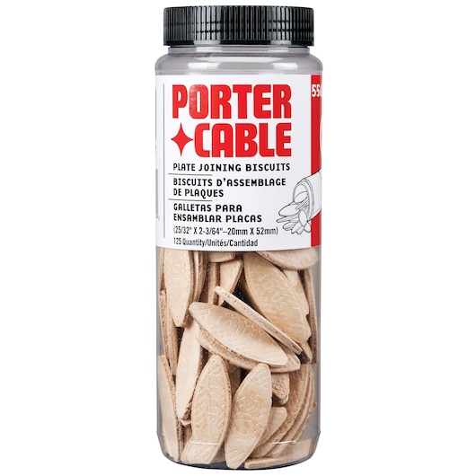 A clear plastic jar with a black lid containing PORTER-CABLE plate joining biscuits, used in woodworking for joining pieces of wood. The jar label is white and red and shows product information in English, French, and Spanish, along with a small illustration of the biscuits being used. The biscuits are light wood-colored and oval-shaped. The jar contains 125 biscuits.