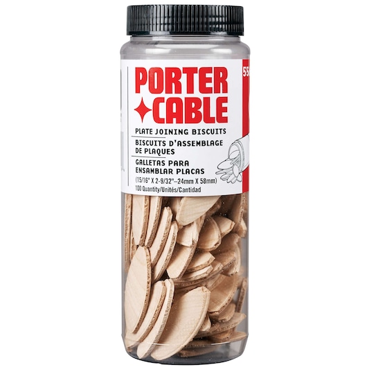 A clear plastic container of PORTER-CABLE plate joining biscuits, showing wooden oval biscuits used for woodworking, with a black screw-on lid and a red and white label.
