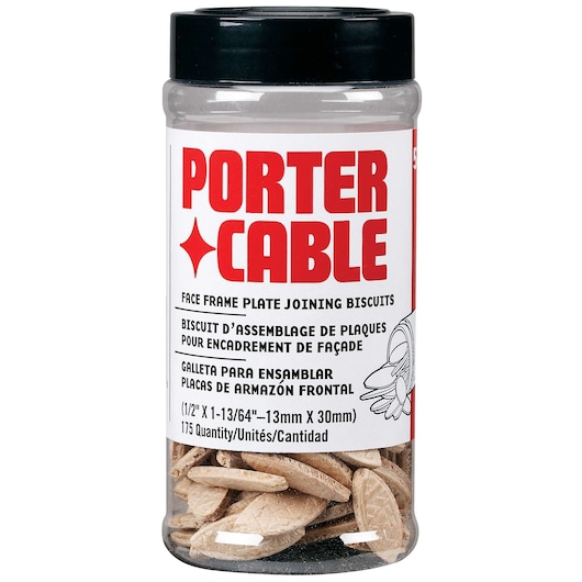 A container of PORTER-CABLE face frame plate joining biscuits for woodworking, with a black lid and clear plastic allowing the biscuits to be visible inside. The label includes product information in multiple languages and specifies the quantity as 175.