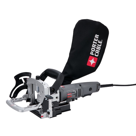 A PORTER-CABLE electric joiner tool with a dust collection bag attached, designed for woodworking. The tool is gray and black with the PORTER-CABLE logo visible on the dust bag.