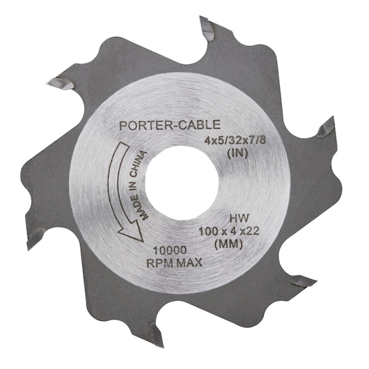 PORTER-CABLE brand metal saw blade with uniquely shaped teeth, central hole, and specifications engraved, including size and maximum RPM.