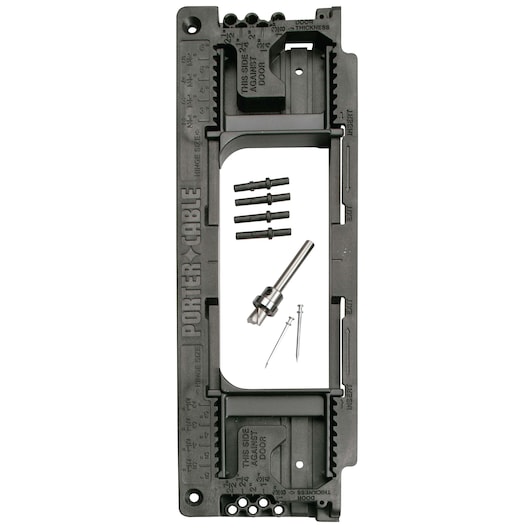 PORTER-CABLE door hinge template kit for woodworking, featuring a rectangular frame with labeled measurements, removable pins, a drill bit, and screws. Used for precise door hinge installation.