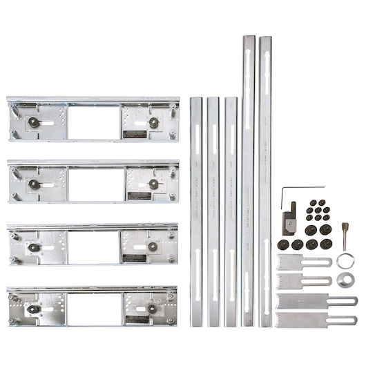 A set of metal photographic mounting brackets and hardware, including five rectangular frames, four slotted metal bars, various screws, washers, and small components laid out on a white background.