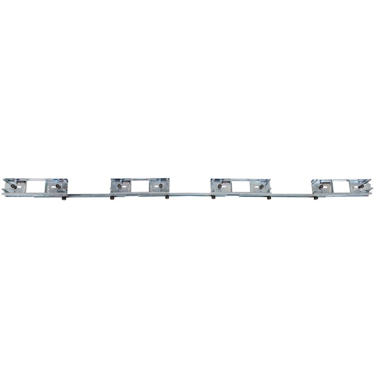A metal photography accessory with five adjustable mounting brackets attached to a long horizontal bar. The item is designed for supporting or aligning photographic equipment.