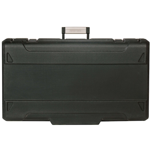A black hard plastic carrying case with a rectangular shape, metal latches, and a handle labeled PORTER-CABLE, designed for securely transporting tools or equipment.