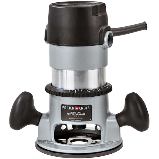 A PORTER-CABLE fixed base router, model 690LR, with a metallic body, black handles on both sides, and a black top housing. The control dial and label are visible on the front of the tool.