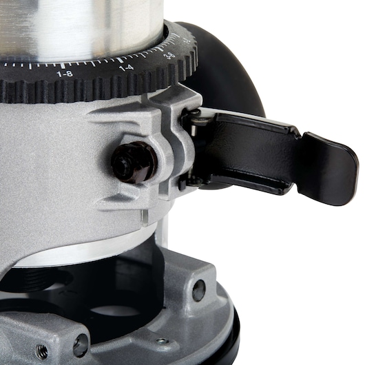 Close-up view of the PORTER-CABLE 690LR router, focusing on its adjustment mechanism and locking lever, with metric markings visible on the dial.