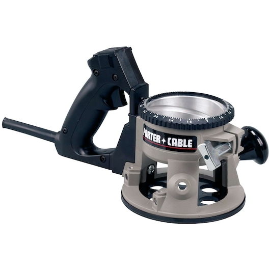 A PORTER-CABLE router base with a black handle, adjustment knob, and labeled dial, designed for woodworking tasks.